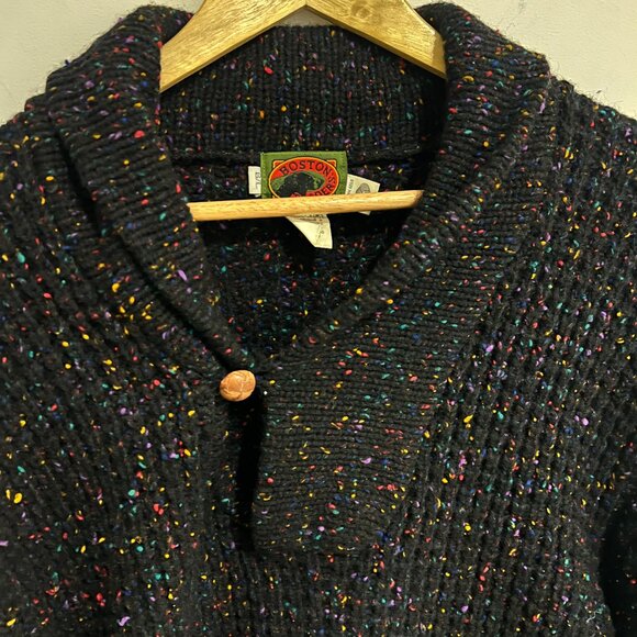 VTG BOSTON TRADERS Black Multicolor Speckled Shawl Colllar Chunky Sweater LARGE - Picture 1 of 3